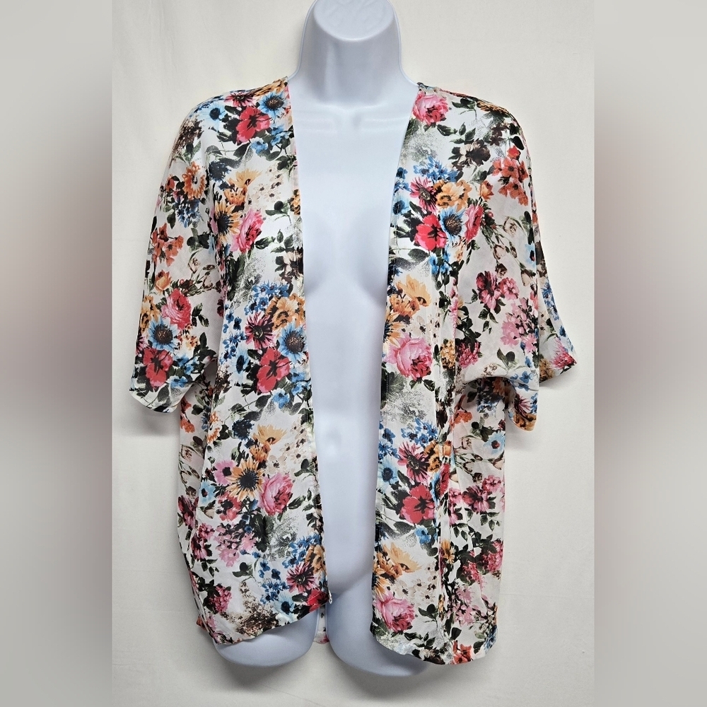California Gypsy Short Sleeve Sheer Open Front Cardigan Floral Kimono